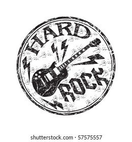 Black grunge rubber stamp with electric guitar and the text hard rock written inside the stamp