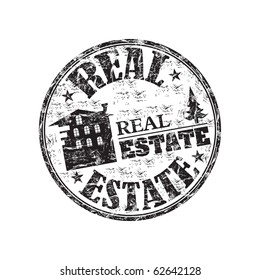 Black grunge rubber stamp with house symbol and the text real estate written inside the stamp