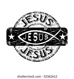 Black grunge rubber stamp with Jesus fish symbol and two star shapes inside the stamp