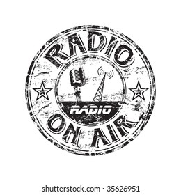 Black grunge rubber stamp with microphone shape, radio tower and the text radio on air written inside the stamp