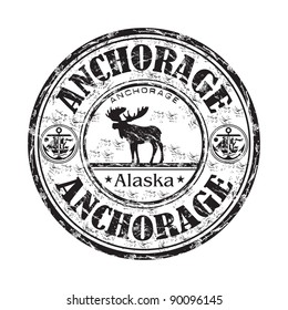 Black grunge rubber stamp with a moose silhouette and the name of Anchorage Alaska written inside the stamp