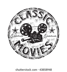 Black grunge rubber stamp with movie projector shape and the text classic movies written inside the stamp