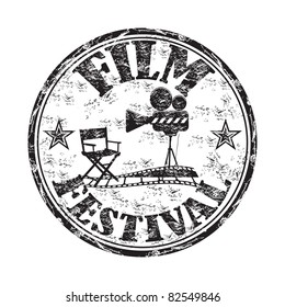 Black grunge rubber stamp with movie projector, director chair, filmstrip and the text film festival written inside the stamp