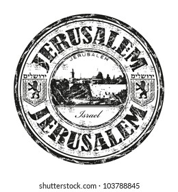 Black grunge rubber stamp with the name of Jerusalem the capital of Israel written inside the stamp