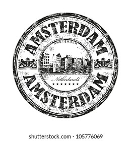 Black grunge rubber stamp with the name of Amsterdam the capital of Netherlands written inside the stamp