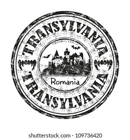 Black grunge rubber stamp with the name of Transylvania, the central part of Romania, written inside the stamp