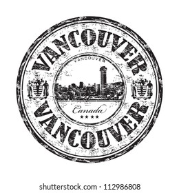 Black grunge rubber stamp with the name of Vancouver, a city on the mainland of British Columbia, Canada