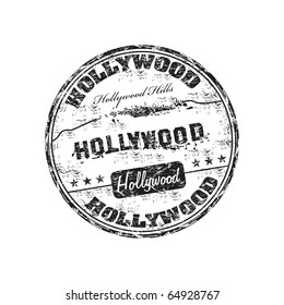 Black grunge rubber stamp with the name of Hollywood written inside the stamp