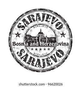 Black grunge rubber stamp with the name of Sarajevo the capital of Bosnia and Herzegovina written inside the stamp