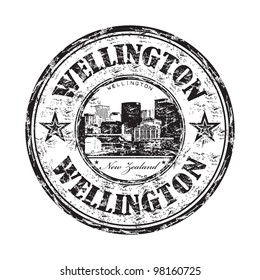 Black grunge rubber stamp with the name of Wellington the capital city of New Zealand written inside the stamp