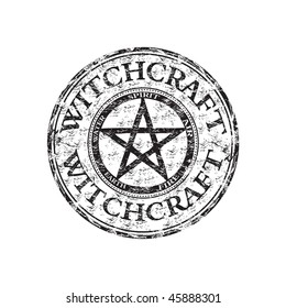 Black grunge rubber stamp with pentagram symbol and the text witchcraft written inside the stamp