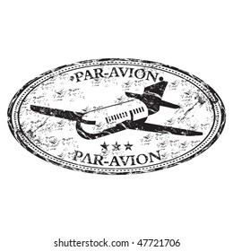 Black grunge rubber stamp with plane silhouette and the text par avion written inside the stamp