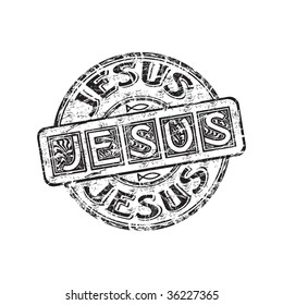 Black grunge rubber stamp with small Jesus fish symbols and the name Jesus written inside the stamp