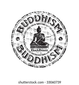 Black grunge rubber stamp with the symbol of Buddha in the middle of the stamp