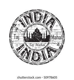 Black grunge rubber stamp with the Taj Mahal mausoleum and the name of India written inside the stamp