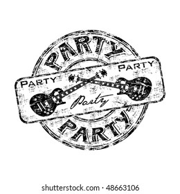 Black grunge rubber stamp with two crossed guitars and the word party written inside the stamp