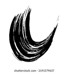 Black grunge semicircular brush strokes. Painted wavy ink stripes. Ink spot isolated on white background. Vector illustration