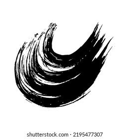 Black grunge semicircular brush strokes. Painted wavy ink stripes. Ink spot isolated on white background. Vector illustration