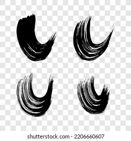 Black grunge semicircular brush strokes. Set of painted wavy ink stripes. Ink spot isolated on transparent background. Vector illustration
