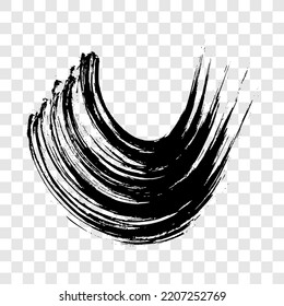 Black grunge semicircular brush strokes. Painted wavy ink stripes. Ink spot isolated on transparent background. Vector illustration