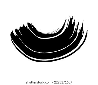 Black grunge semicircular brush strokes. Painted wavy ink stripes. Ink spot isolated on white background. Vector illustration