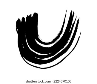 Atracciones de pincel semicircular negro grunge. Tiras de tinta ondulada pintadas. Punto de tinta aislado sobre fondo blanco. Ilustración del vector