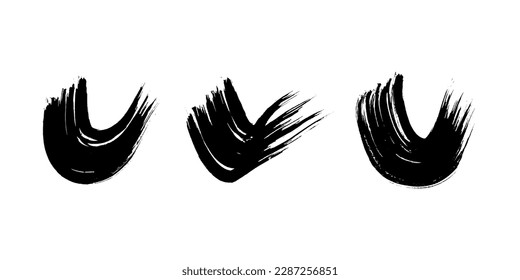 Black grunge semicircular brush strokes. Set of painted wavy ink stripes. Ink spot isolated on white background. Vector illustration