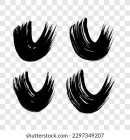 Black grunge semicircular brush strokes. Set of painted wavy ink stripes. Ink spot isolated on transparent background. Vector illustration