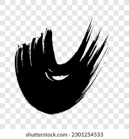 Black grunge semicircular brush strokes. Painted wavy ink stripes. Ink spot isolated on transparent background. Vector illustration