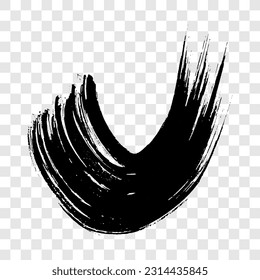 Black grunge semicircular brush strokes. Painted wavy ink stripes. Ink spot isolated on transparent background. Vector illustration