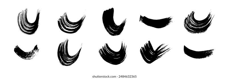 Black grunge semicircular brush strokes. Set of painted wavy ink stripes. Ink spot isolated on white background. Vector illustration