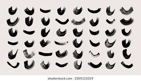 Pinceladas semicirculares grunge negras. Gran conjunto de rayas de tinta ondulada pintadas. Punto de tinta aislado sobre fondo transparente. Ilustración vectorial