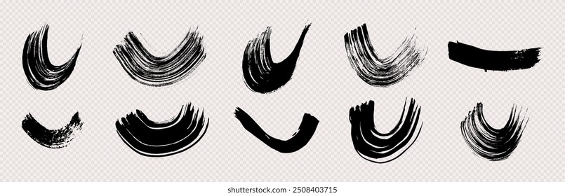 Black grunge semicircular brush strokes. Set of painted wavy ink stripes. Ink spot isolated on transparent background. Vector illustration