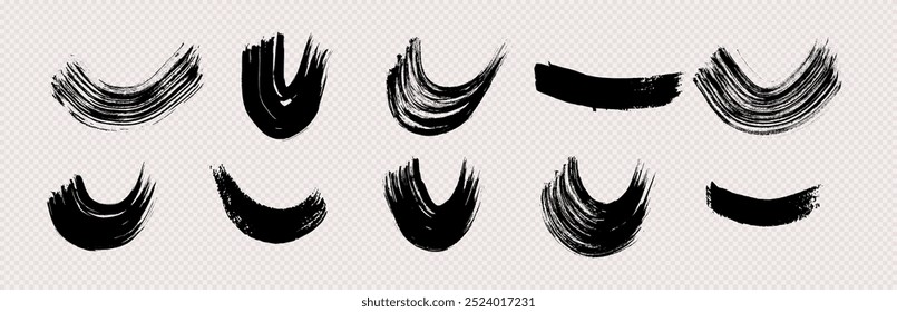 Traços de pincel semicircular grunge preto. Conjunto de faixas de tinta onduladas pintadas. Ponto de tinta isolado no plano de fundo transparente. Ilustração vetorial