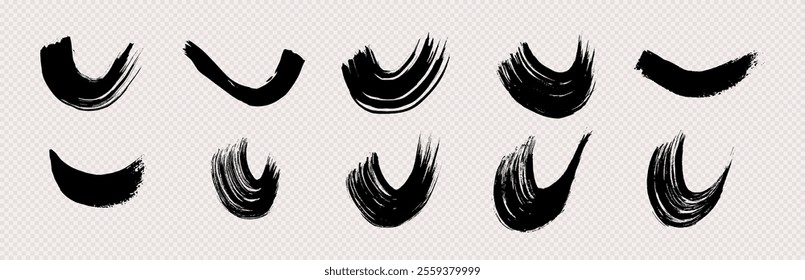 Black grunge semicircular brush strokes. Set of painted wavy ink stripes. Ink spot isolated on transparent background. Vector illustration