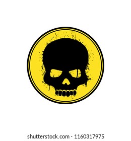 Black grunge silhouette of human skull in yellow circle frame