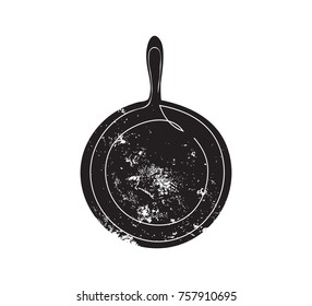 Black grunge silhouette of a pan. Vintage retro handmade badges, labels and poster element, retro symbol for kitchenware shop, cooking club, cafe or home cooking. 