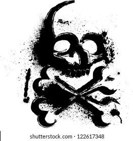 Black grunge silhouette of skull with bones