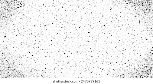 Black grunge speckle on white background. Distress grain abstract texture with grungy splash dirty pattern. Backdrop with specks, grit, scratches, rough sand effect  