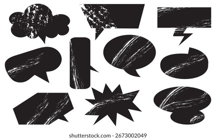Vector negro de la burbuja del discurso del grunge . Iconos angustiados de la burbuja del discurso en diversas Formas y estilos, perfectos para los cómics, diseño de la conversación, y fondos creativos, 