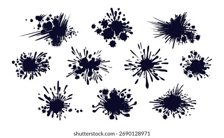 Black grunge splashes. Paint ink brush. Vector abstract spot set. Different hand drawn spray elements on white background. Artistic colection. Durty stains