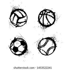 Black grunge sport ball silhouettes isolated on white