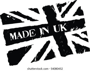 Black grunge stamp with words Made in UK and flag of United Kingdom