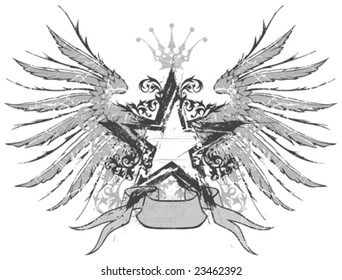 black grunge star & wings on white background