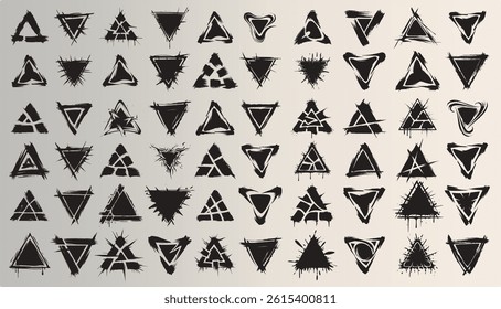 Black grunge strokes in the shape of triangles. Set of 60 pcs.