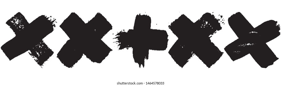 Black grunge style crosses. Abstract paint strokes on white background