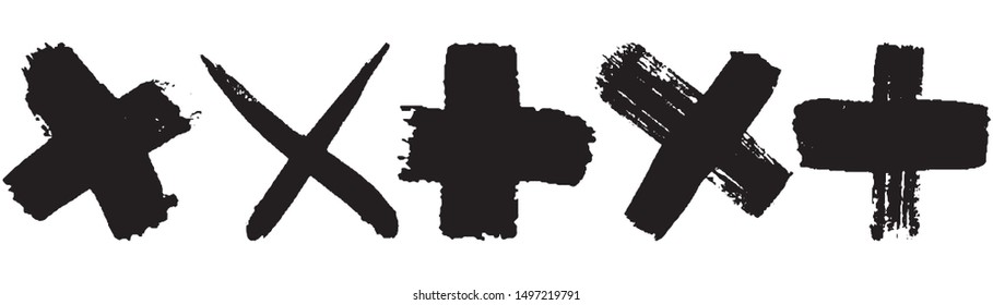Black grunge style crosses. Abstract paint strokes on white background