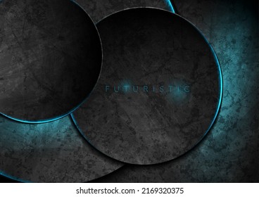 Círculos tecnológicos negros grunge con luces de neón azules fondo abstracto. Diseño de vectores