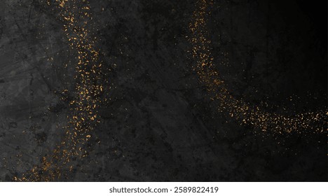 Black grunge texture background with shiny golden particles. Abstract retro vector design