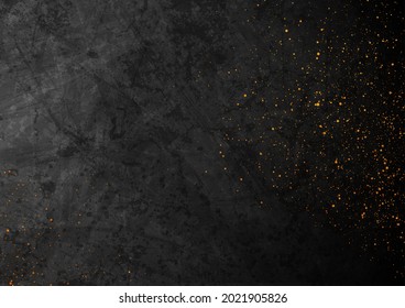 Black grunge texture background with small golden particles. Abstract retro vector design